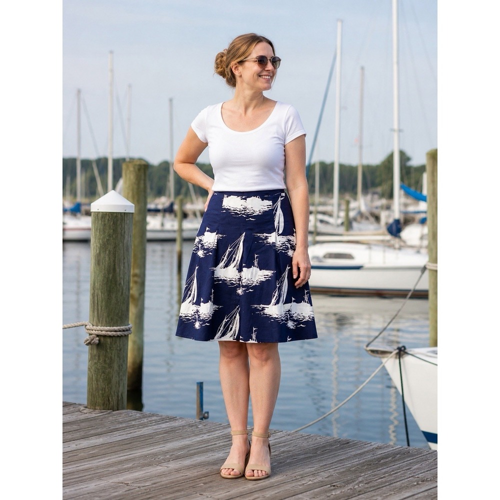 Talbots Collection Petites Navy Sailboat Print Skirt Size 10 Coastal Nautical
